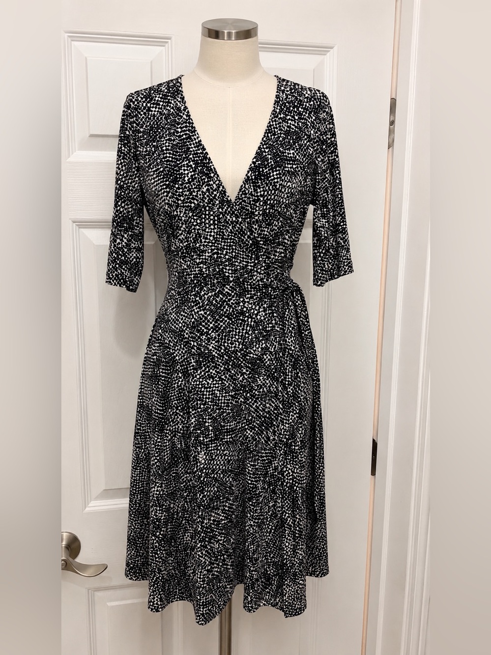 Lauren Ralph Lauren Black and White Speckled Wrap Midi Dress